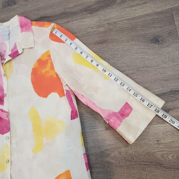 Chicos No Iron Linen Button Down Shirt Boho Artsy Art to Wear Size 12 (2) - Picture 6 of 8